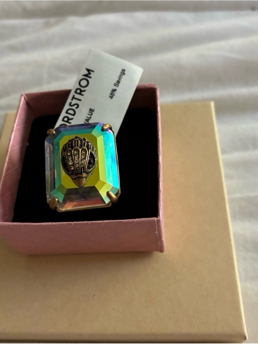 Kurt Geiger Iridescent Emerald-Cut Crystal Ring with Gold Detail, size 9